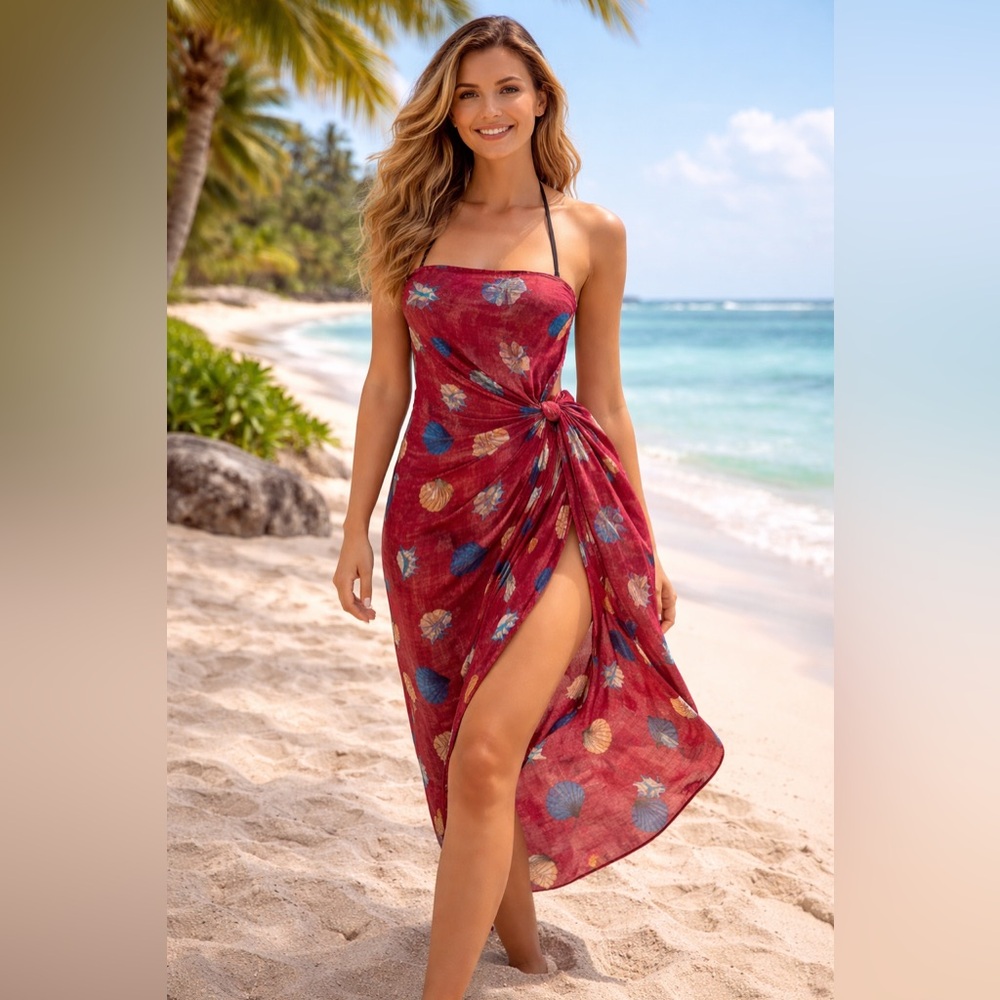 Caligirl Women’s Red Floral Sarong Swim Cover-Up, nwt, one size